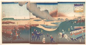 Manewry trzech rodzajów wojsk francuskich i angielskich żołnierzy (Furansu Igirisu sanhei ōchōren no zu) autorstwa Tsukioka Yoshitoshi
