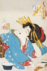 Chwila relaksu, Twarz gejszy z okresu Kansei z Kioto, Ilustracja Tsukioka Yoshitoshi (1839-1892) z Trzydziestu dwóch aspektów obyczajów i obyczajów, drzeworyt Oban-tate-e, 37,5 x26 cm, cywilizacja japońska autorstwa Tsukioka Yoshitoshi