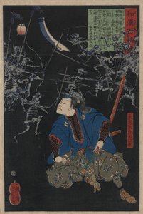 Oya Taro Mitsukuni ogląda scenę bitwy pomiędzy armiami szkieletów, 1865. autorstwa Tsukioka Yoshitoshi
