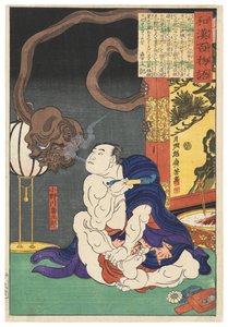 Zapaśnik Onogawa Kisaburō dmący dymem na jednookiego potwora autorstwa Tsukioka Yoshitoshi