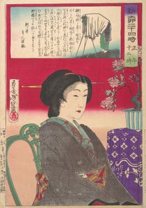 Dwadzieścia cztery godziny w Shimbashi Yanagibashi: 12 na. Shinyanagi Nijuyoji, Gozen Jyuniji. . . , 1880. autorstwa Tsukioka Yoshitoshi