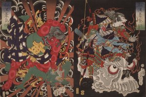 Wojownik na czaszce i Kintoki obezwładniający demona z serii Valor w Chinach i Japonii autorstwa Tsukioka Yoshitoshi