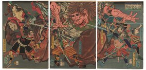 Yorimitsu shiten-o Oeyama kishin taiji nozu (Yorimitsu i jego czterej towarzysze pokonują demona Oe Mountai) autorstwa Tsukioka Yoshitoshi