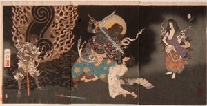 Yūten połykający miecz Fudō autorstwa Tsukioka Yoshitoshi