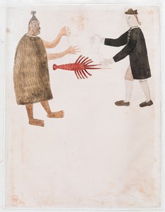 Dodaj MS 15508 [Rysunek nr 12] Maorys handlujący rakami z angielskim oficerem marynarki wojennej, „Rysunki ilustrujące pierwszy rejs kapitana Cooka” autorstwa Tupaia Tupaia