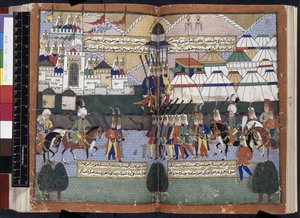 Dodać. 22011, ff.81v-82, armia osmańska Lala Mustafa Paszy paradująca przed murami Tyflisu z „Nusretname” autorstwa Turkish School