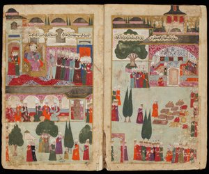 Le couronnement du sultan ottoman Mehmet III (1566-1603) au palais Topkapi, en 1595 - Koronacja Mehmeda III w Pałacu Topkapi w 1595 r. (Z rękopisu Kampania Mehmeda III na Węgrzech) - Mistrz turecki - ok. 1595 r. 1600 - Akwarela i tusz na papierze - The autorstwa Turkish School