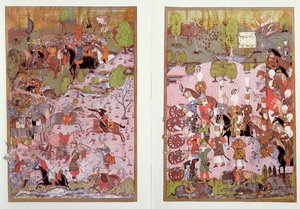 Bitwa pod Mohaczem między Turkami i Węgrami, 1526, faksymile miniatury przechowywanej w Muzeum Topkapi w Stambule autorstwa Turkish School