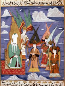 Prorok Muhammad (Mahomet lub Muhammad) (570-632) (z zakrytą twarzą) podczas swojej nocnej wycieczki w miniaturze perskiej z XVIII wieku. Musee Topkapi Stambuł Turcja
