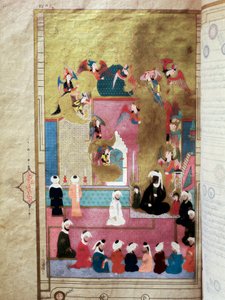 Prorok Muhammad (Mohammed lub Muhammad) (570-632) (z zakrytą twarzą) podczas Mirac, jego wejście na siódme niebo Miniatura z rękopisu „Zubdat al-Tawarikh” (lub Zubdat al Tawarikh) autorstwa historyka Seyyida Loqmana Ashuriego podczas rem Murada III (1). autorstwa Turkish School
