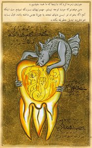 anatomiczny widok zęba, źródło bólu zęba pokazane jako demon piekielny (akwarela i złoty proszek na papierze) autorstwa Turkish School