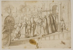 Król Henryk III, Doge Alvise Mocenigo i kardynał San Sisto zostali przyjęci przez patriarchę weneckiego Giovanniego Trevisana na Lido w Wenecji autorstwa Ubekendt Ubekendt