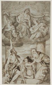Dziewica z Dzieciątkiem wśród aniołów w obłokach ze św. Janem Chrzcicielem i Hieronimem, wg obrazu Paolo Veronese dawniej w S. Francesco della Vigna, Wenecja autorstwa Ubekendt Ubekendt