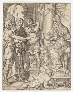 Chrystus przed arcykapłanem Annaszem autorstwa Ubekendt efter Dirck Volckertsz. Coornhert efter Maarten van Heemskerck