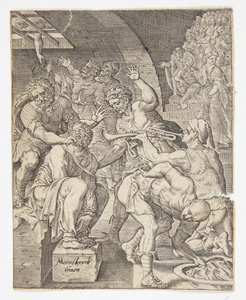 Naśmiewanie się z Chrystusa autorstwa Ubekendt efter Dirck Volckertsz. Coornhert efter Maarten van Heemskerck