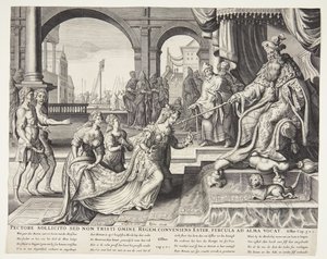 Estera przed Aswerusem, zapraszając go na bankiet autorstwa Ubekendt efter Philips Galle efter forlæg af Maarten van Heemskerck