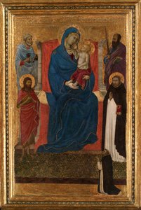 Dziewica z Dzieciątkiem na tronie ze świętymi Piotrem, Pawłem, Janem Chrzcicielem oraz Dominikiem i dominikaninem... autorstwa Ugolino da Siena