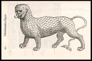 Monster Creature: lew pokryty rybią łuską (lub lwią rybą). Grawer Ulisse Aldrovandi (1522-1605), „Monstrorum Historiae””, Bolonia 1642