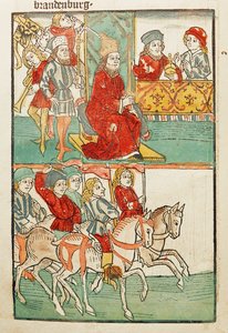 Nadanie burgrabiemu Nuernberg, Fryderykowi von Hohenzollern, Marchii Brandenburskiej przez cesarza Zygmunta ... autorstwa Ulrich von Richental