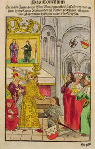 هینري آف الم ته د قسطنطین په شورا کې د امپراتور لخوا د "Chronik des Konzils von Konstanz" پولي لخوا د هغه د نایټډیټ جایزه ورکړل شوه. autorstwa Ulrich von Richental