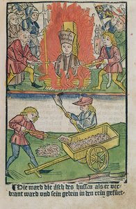 Jan Hus spalony na stosie na soborze w Konstancji, z „Historii soboru w Konstancji”, wyd. 1483