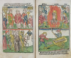 Jan Hus spalony na stosie na soborze w Konstancji, z „Historii soboru w Konstancji”, wyd. 1483