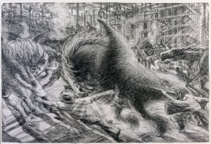 Futuryzm: „”La città che dirty”” (Wschodzące miasto). Rysunek na tekturze Umberto Boccioniego (1882-1916) autorstwa Umberto Boccioni