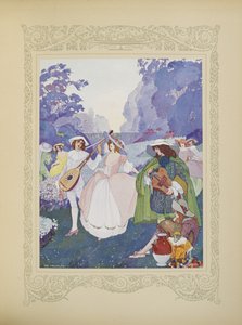 Byli pasterze i pasterki tańczące przy dźwiękach fletów i dud, ilustracja z „Contes du Temps Jadis”, czyli „Tales from Times Past”, s. 74 autorstwa Umberto Brunelleschi