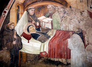 Śmierć św. Skolastyka (w. 480- w. 543), siostry św. Benedykta z Nursji Otoczona jest przez mnichów benedyktyńskich. Fresk szkoły umbryjskiej z XV wieku. Klasztor św Benedeta (Sacro Speco), Subiaco (Rzym), Włochy
