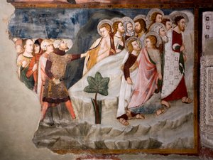 Ucieczka przed apostołami. Szczegół. Fresk szkoły umbryjskiej z XV wieku. Kościół Superior. Klasztor św Benedeta (Sacro Speco), Subiaco (Rzym), Włochy
