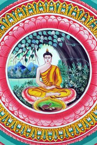 20151029, Vientiane, Laos: świątynia buddyjska Wat Inpeng. Obraz przedstawiający historię życia Buddy Siakjamuniego. Budda siedzący w pozie medytacyjnej autorstwa Unbekannt
