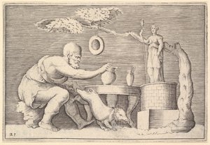 Faun lub satyr szykujący świnię do ofiary, wyd. 1599-1622. autorstwa Unbekannt