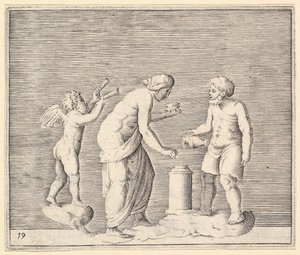 Kobieta i mężczyzna składający ofiarę w obecności Kupidyna, wydana 1599-1622. autorstwa Unbekannt
