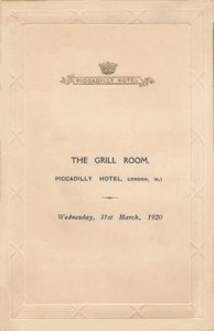 Menu dla The Grill Room hotelu Piccadilly, Londyn, 1920 autorstwa Unbekannt