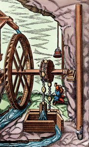 Kopalnia odwadniana przez pompę szmaciano-łańcuchową napędzaną przez koło wodne nasiębierne, 1556 autorstwa Unbekannt