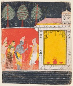 Strona z Ramajany: Nocna scena Ramy, Lakszmana i Sity przed riszi..., c. 1650. autorstwa Unbekannt