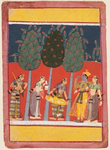 Strona z serii Rasikapriya: Krishna and Radha and the Sakhis z instrumentami muzycznymi, ok. godz. 1650 autorstwa Unbekannt