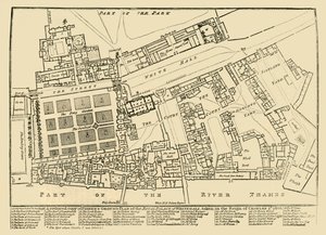 Zmniejszona kopia planu Fishers Ground Plan Pałacu Królewskiego w Whitehall, 1680, 1881. autorstwa Unbekannt
