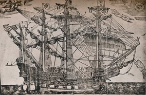 Drzeworyt przedstawiający statek uważany za Arkę Królewską, ok. 1587 r. autorstwa Unbekannt