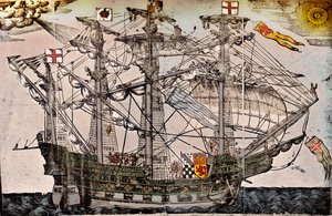 Drzeworyt przedstawiający statek uważany za Arkę Królewską, ok. 1587 r. autorstwa Unbekannt