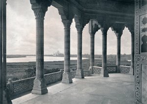 Agra. Balkon Wieży Jaśminowej ukazujący Taj, ok. 1910. autorstwa Unbekannt