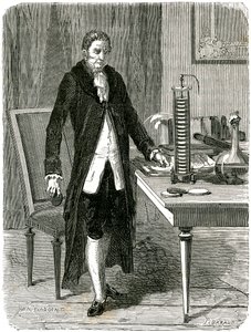Alessandro Volta, włoski fizyk, demonstruje swoją elektryczną baterię palową, c1800 c1870 autorstwa Unbekannt