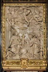 Ołtarz św. Józefa lub Ołtarz Świętej Rodziny, Płaskorzeźba, Giacomo Bertesi 1668, Katedra Santa Maria Assunta, Katedra, Cremona, Lombardia, Włochy (zdjęcie) autorstwa Unbekannt