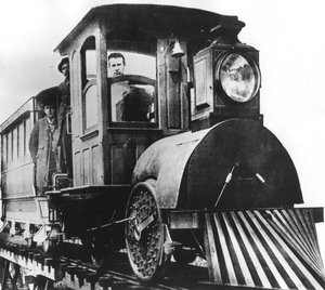 Amerykański wynalazca Thomas Alva Edison na pokładzie kolei elektrycznej, 1892 autorstwa Unbekannt