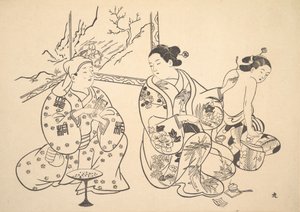 Oiran siedzący w salonie stosuje ognioodporny zabieg na gołe plecy innej kobiety. autorstwa Unbekannt