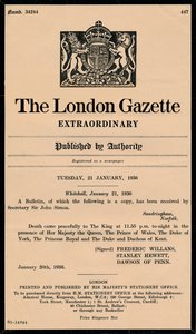 Nadzwyczajny biuletyn The London Gazette ogłaszający śmierć króla Jerzego V 1865-1936 autorstwa Unbekannt
