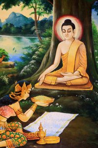 Ascetyczny Budda otrzymał od Nandabala miskę mleczno-ryżowej mąki rankiem swojego Oświecenia. Obraz przedstawiający historię życia Buddy Siakjamuniego. Wat Ong Teu Piękny. Świątynia Ciężkiego Buddy. Wentyjczyk. Laos, 20151028, Wientian, Laos autorstwa Unbekannt