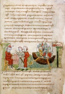 Askold i Dir poproszeni przez Rurika o pozwolenie na wyjazd do Konstantynopola z Kroniki Radziwiłłów, XV w. autorstwa Unbekannt