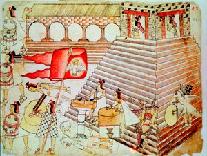 Azteccy wojownicy broniący świątyni Tenochtitlan przed konkwistadorami, 1519-1521 autorstwa Unbekannt