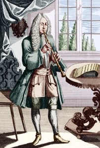 Podpis barokowego muzyka obojowego brzmi: „Mężczyzna grający obój (lub hautbois), który jest wczesnym obojem Grawerowanie autorstwa J C Weigel (1661-1726) z Musikalisches Theatrum. autorstwa Unbekannt